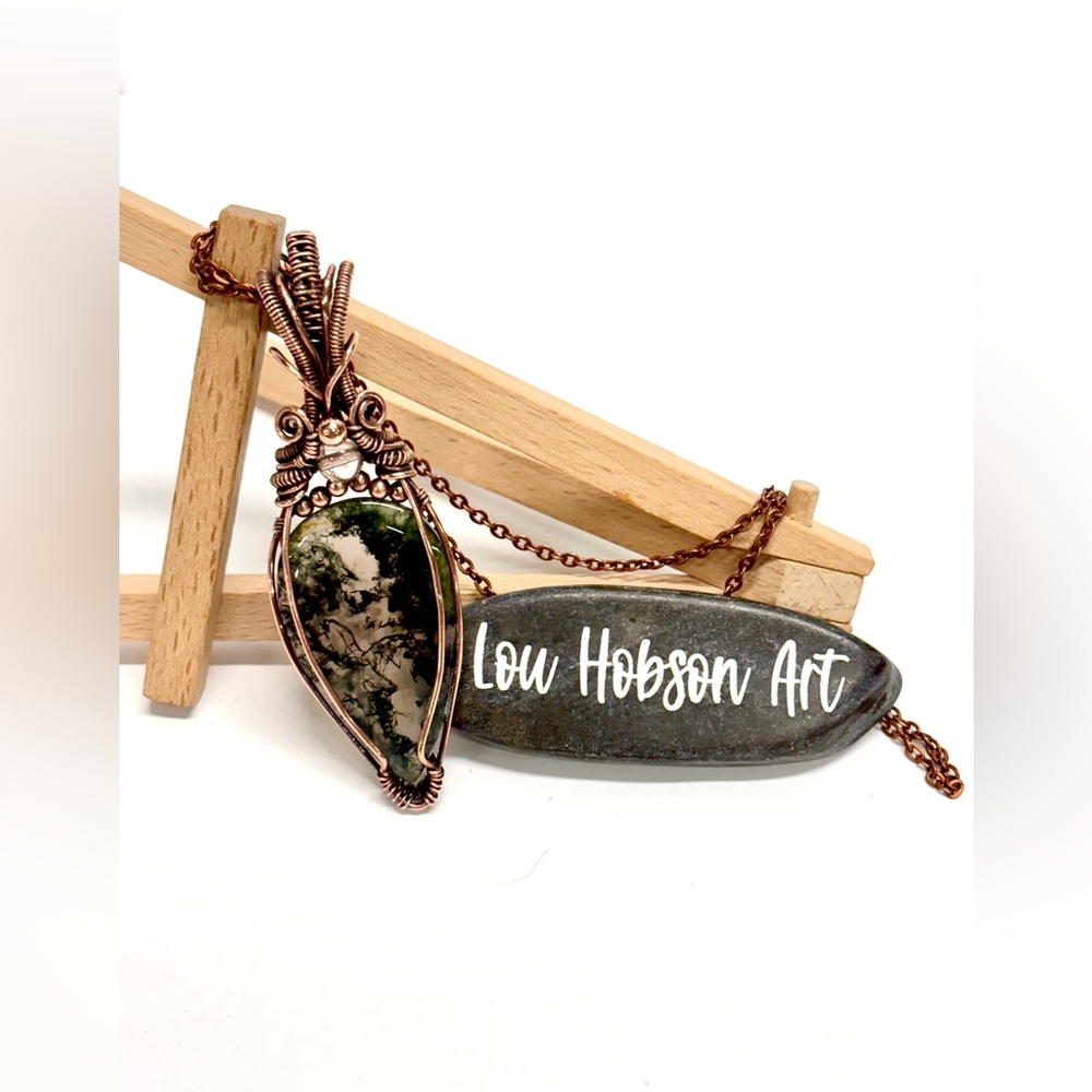 HANDMADE MOSS Agate & Clear Quartz Hand Wrapped Copper Statement Necklace, Gift - Picture 5 of 10